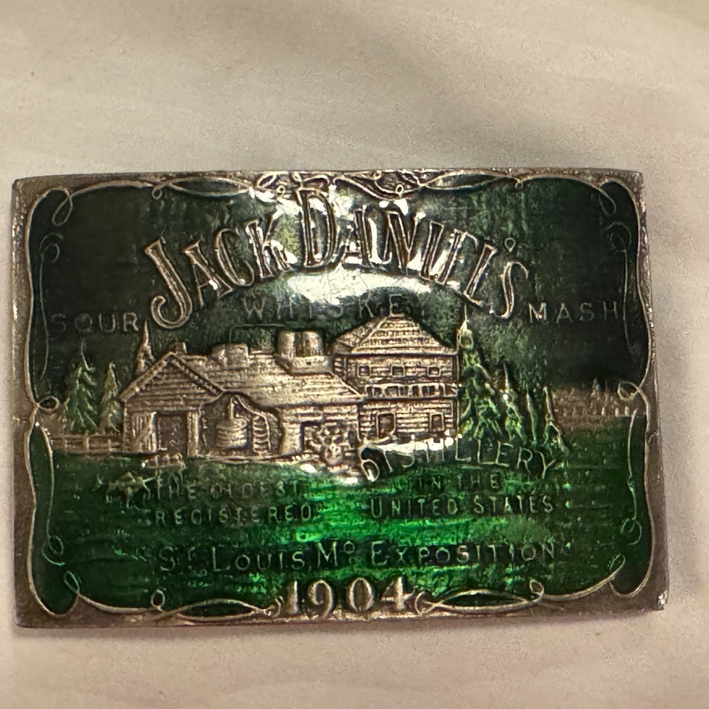 Jack Daniels Sour Whiskey‎ Mash 1904 Belt Buckle Green Enameled Country Scene